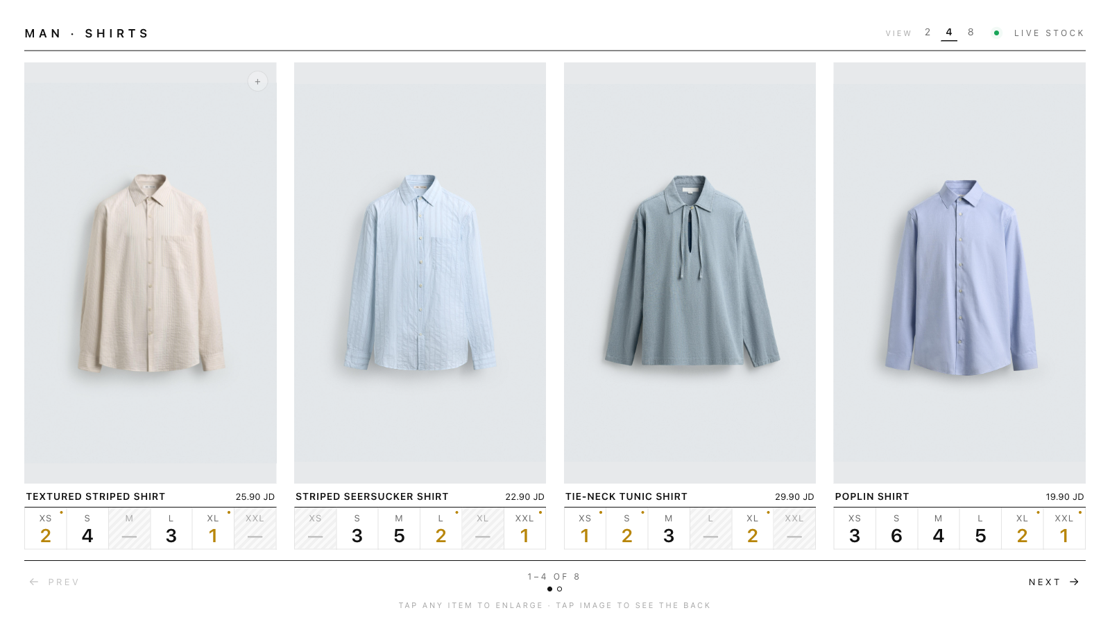 A Sizely screen showing four shirts, each with its live size availability